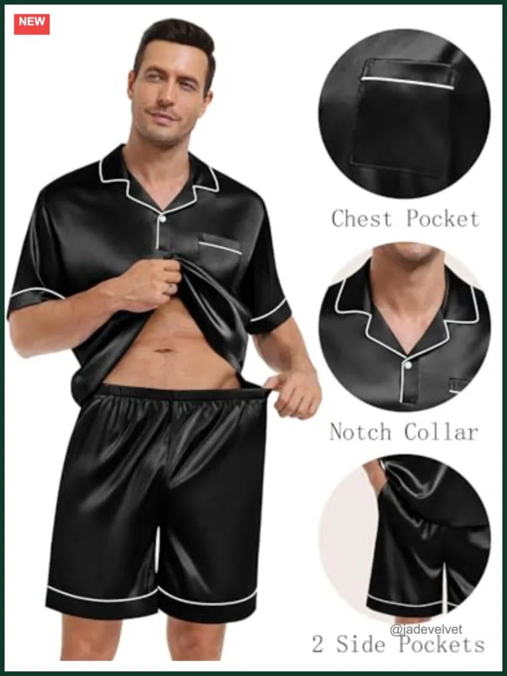 Mens Satin Pajama Set Short Sleeve Lapel Sleepwear with Pockets